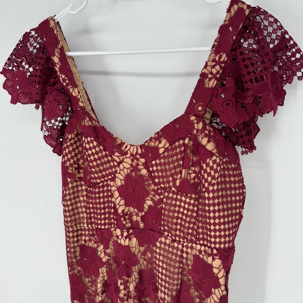 Bardot feminine whimsical  fairy Burgundy Lace romantic, formal Midi Dress - Picture 7 of 14